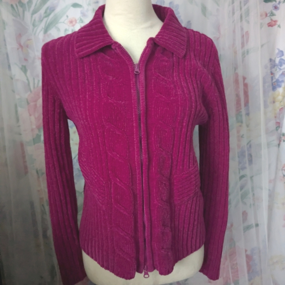 Women's Velour Magenta Cable Knit Sweater, Size PM